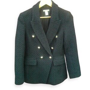 H & M Navy Blue Tweed Double-Breasted Blazer XS